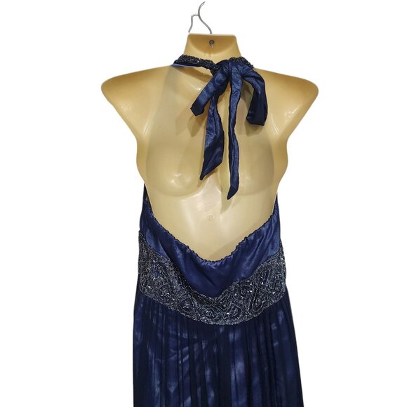Adrianna Papell Dress Blue Evening Halter Gown Size 14 Polyester Silk Embellishe - Picture 4 of 11
